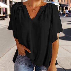 Chiffon Flutter Sleeve Blouse: Lightweight V-Neck Summer Top Black