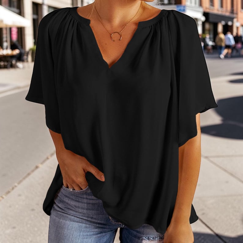 Chiffon Flutter Sleeve Blouse: Lightweight V-Neck Summer Top Black