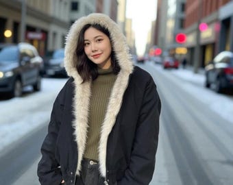 Retro Y2K Style Fur Hood Jacket: Warm Loose Cotton Winter Bomber Coat