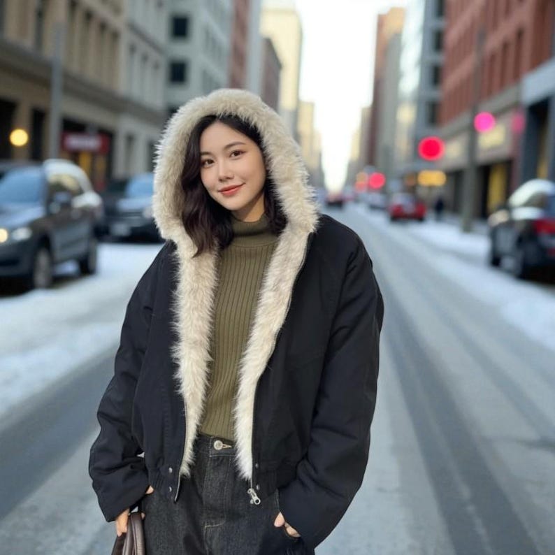 May include: A black hooded jacket with a cream-colored faux fur lining and hood. The jacket is worn over a green sweater and dark jeans. The background shows a city street with cars and snow.