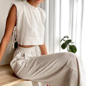 Cotton Linen Two-Piece Set: Sleeveless Shoulder Pad Top & Wide-Leg Trousers, Elegant Summer Loungewear Outfit