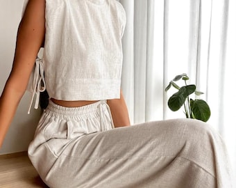 Cotton Linen Two-Piece Set: Sleeveless Shoulder Pad Top & Wide-Leg Trousers, Elegant Summer Loungewear Outfit