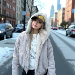 Retro Y2K Style Fur Hood Jacket: Warm Loose Cotton Winter Bomber Coat Gray