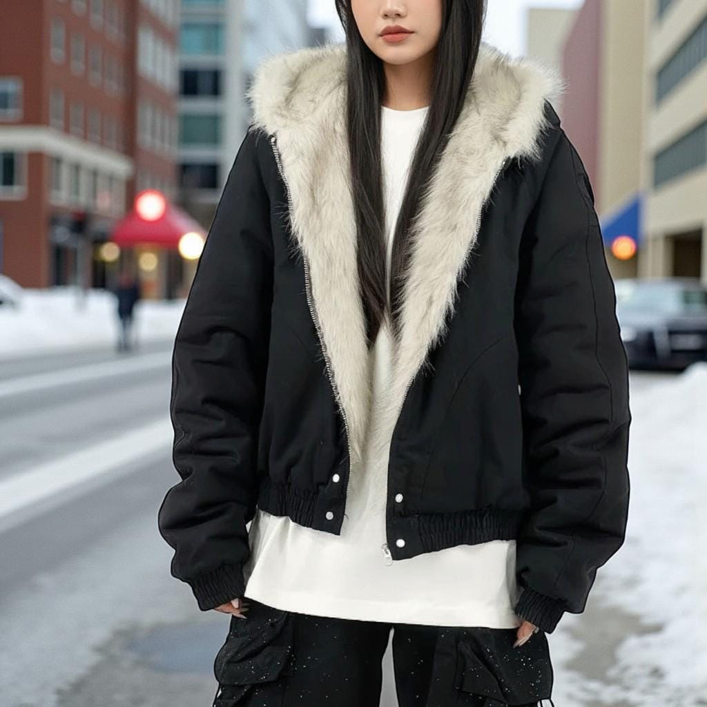 Fur Hooded Y2K Style Winter Jacket: Thick Warm Zip Coat for Men