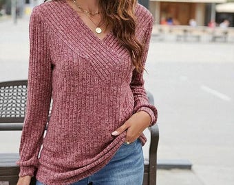 Ribbed Knit V-Neck Sweater: Comfy Long Sleeve Women’s Casual Top