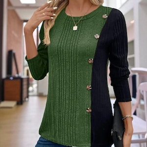 Two Tone Ribbed Knit Top: Round Neck Long Sleeve Button Detail