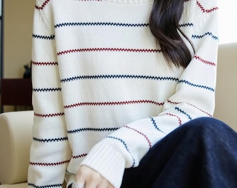 Soft Cotton Knit Jumper: Wavy Stripe O-Neck Pullover for Women