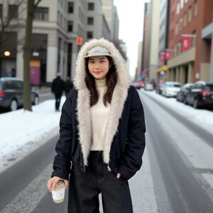 Retro Y2K Style Fur Hood Jacket: Warm Loose Cotton Winter Bomber Coat image 2