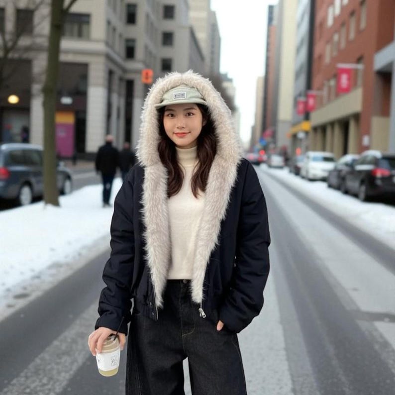Retro Y2K Style Fur Hood Jacket: Warm Loose Cotton Winter Bomber Coat image 2