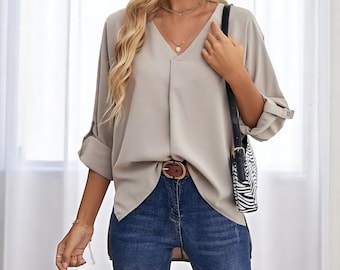 Loose V-Neck Long Sleeve Blouse, Casual Roll Sleeve Shirt, Casual Oversized Shirt for Women, Summer Fashion, Pullover Office Weekend Style