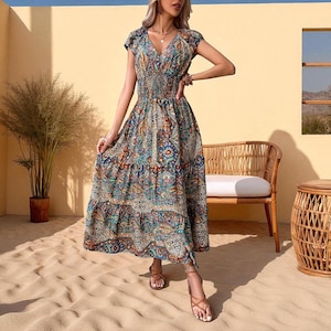 Boho V-Neck A-Line Dress, Elastic Waist, Sleeveless Printed Vacation Summer Dress