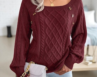 Square Neck Knitwear Top: Button Accent Long Sleeve Soft Pullover for Everyday Comfort