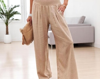Casual Loose Wide-Leg Pants for Women, High Waist Elastic Pleated Trousers, Lightweight Summer Beachwear, Multiple Colours