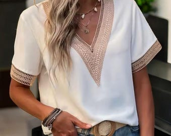 Elegant Embroidered Chiffon Blouse, Chic V-Neck Relaxed-fit Shirt, Flowy Silky Shirt, Chic Long Sleeve Shirt, Classic Minimalist Style