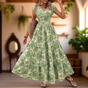 V-Neck Printed Maxi Dress: Short Sleeve Summer Vacation Brunch Style