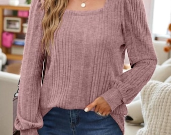 Stylish Square Neck Knit Top: Feminine Ribbed Long Sleeve Casual Jumper