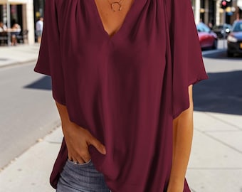 Chiffon Flutter Sleeve Blouse: Lightweight V-Neck Summer Top