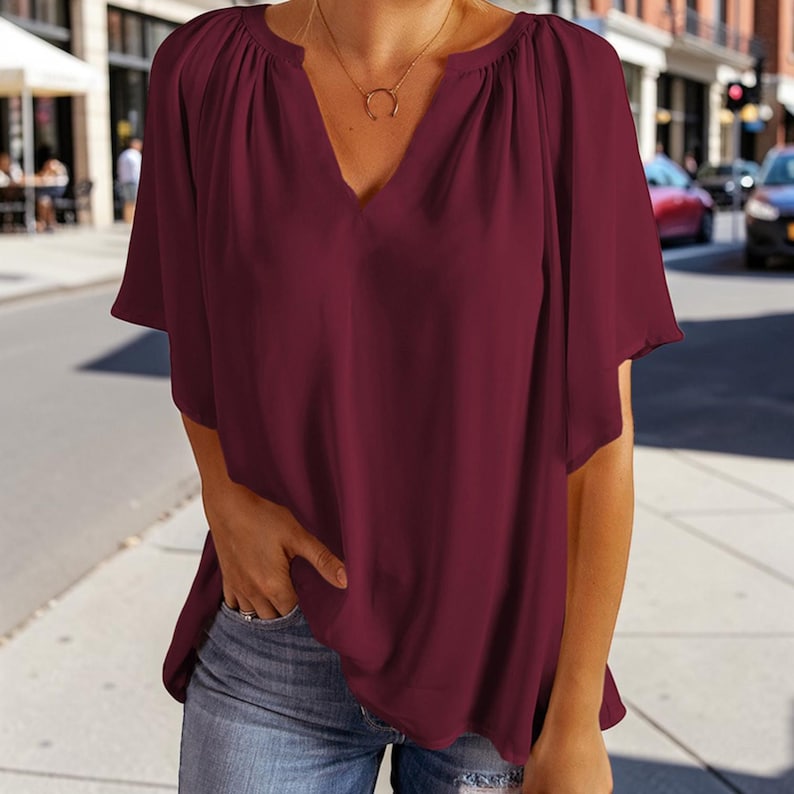 Chiffon Flutter Sleeve Blouse: Lightweight V-Neck Summer Top Burgundy