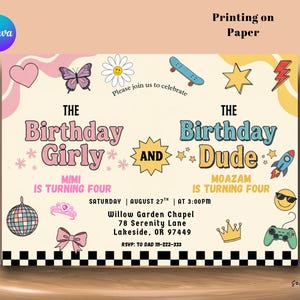 May include: A party invitation with the text "The Birthday Girly" and "The Birthday Dude". The invitation includes decorative elements like a butterfly, skateboard, and rocket ship. The event details are also included.