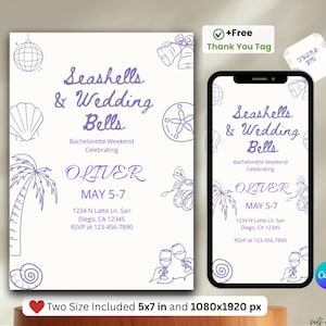 Seashells & Wedding Bells Bachelorette, Bachelorette Itinerary Template Seashells, Beach Bachelorette Party Invitation, Weekend Invite.
