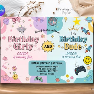 Könnte beinhalten: Eine farbenfrohe Geburtstagseinladung mit geteiltem Design. Die linke Seite ist rosa und zeigt den Text "The Birthday Girly" und "Olivia wird fünf". Die rechte Seite ist blau und sagt "The Birthday Dude" und "Jason wird fünf".