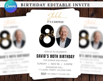 Surprise Birthday Invitation Adult, Shhh It's a Surprise Birthday, Mens Birthday Invite, Minimalist 80th Birthday Invitation, Surprise Party