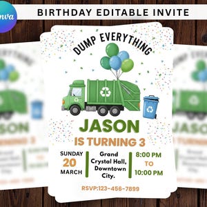 May include: Birthday invitation with a green garbage truck, balloons, and confetti. The invitation reads "DUMP EVERYTHING" and "JASON IS TURNING 3". Includes event details: date, time, and location.