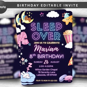 Sleepover Birthday Invitation, Slumber Party Birthday Invitation, Slumber Party Sleep Over, Neon Sleepover Invitation, Pajama Party