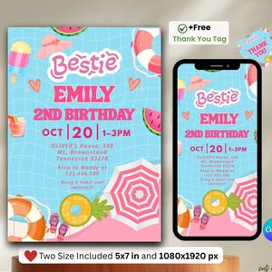 Pink Doll Pool Birthday Invitation, Pastel Summer Girl Party, Barbie Inspired Pool Bash, Let&#39;s Go Fashion Birthday Evite for Kids, Kid Party
