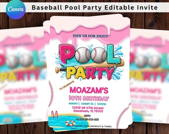 Baseball Drip Birthday Invitation, Pool Party Invite with Ice Cream Drip Theme, Summer Sports Party, Baseball Pool Bash for Kids & Teens