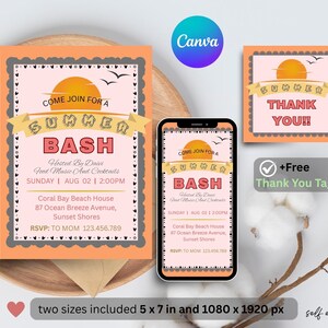 Può includere: Un invito a una festa estiva con un bordo color pesca, con il testo "Come Join For A Summer Bash". Include un tag di ringraziamento abbinato e un mockup del telefono. L'invito è di 12,7 x 17,8 cm e 1080 x 1920 px.