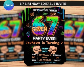 Editable 6-7 Boys Birthday Invitation, Six Seven Birthday Invitation,6-7 Meme Boys Party Invite, Editable Neon Graffiti Template