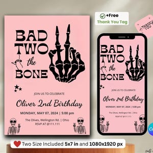 Bad TWO the Bone Invitation,  2nd Birthday Invitation, Skull Skeleton Themed Digital Download, Modern Pink and Black Skeleton Peace Hand.