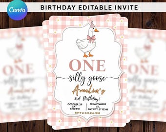 One Silly Goose Birthday Invitation, Editable 1st Birthday Girl or Boy Party Invite, Printable Goose Theme, Pink Floral  Printable Template