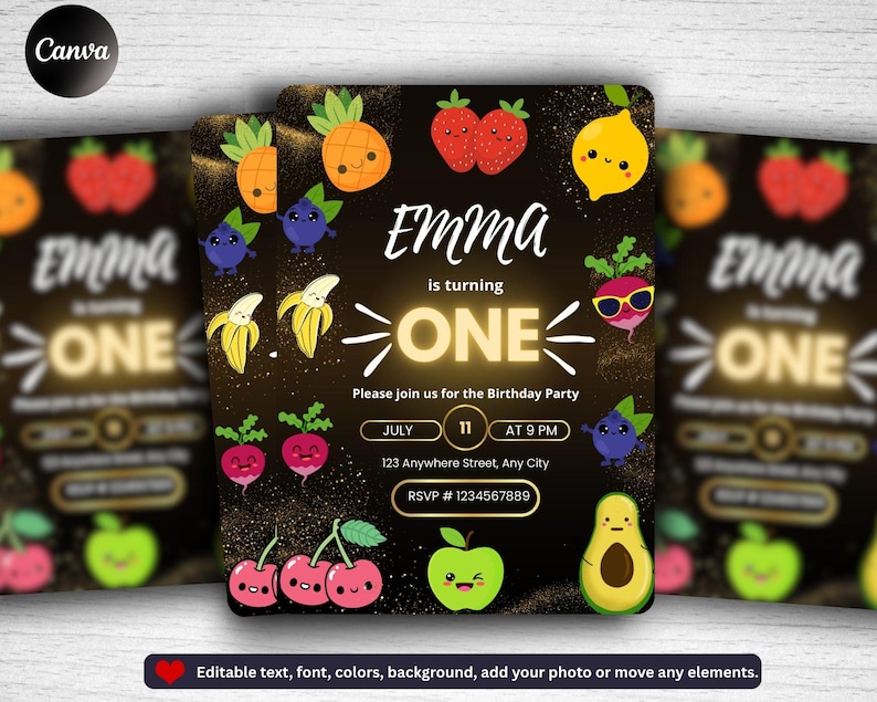 Hey Bear Sensory Invitation Dancing Fruit Party, Hey Bear Birthday, Kids Birthday Party Invite, Party Invite, Boy Girl Birthday Invite image 1