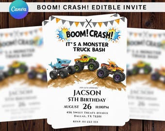 Invito di compleanno a tema Monster Truck / Invito per festa a tema camion modificabile / Modello di invito per compleanno di un bambino / Download digitale stampabile / Festa a tema camion