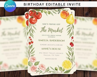 Farmer's Market Bridal Shower Invitation, Fresh Off The Market Bridal Shower Invite, Floral Wedding Shower Template, Hand-Drawn Floral
