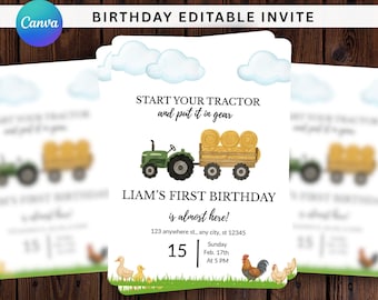 Green Tractor Birthday Invitation, Editable Farm Tractor Party Invite, Cute Farm Birthday Template,  Farm Kids Party, 1st Birthday Invite