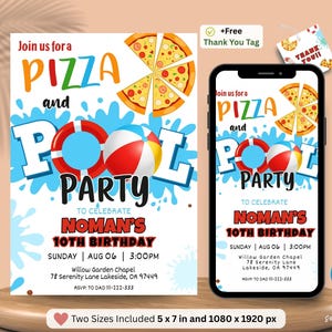 Editable Pizza Pool Party Invitation, Kids Swimming Birthday Invite, Pizza and Pool Party Invite, Swimming Party, Pizza Pool Party Birthday.
