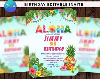 Tropisk födelsedagsinbjudan, Aloha Pineapple Pool födelsedagsinbjudan, Luau-inbjudan, Hawaiiansk ananasfödelsedagsinbjudan, Flickinbjudan