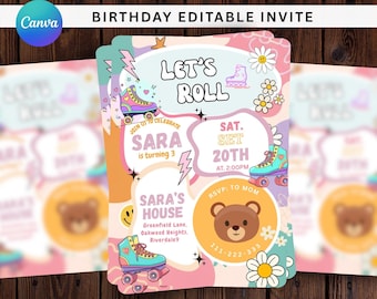 Editable Roller Skating Birthday Invitation, Neon Glow Skate Party, Retro Roller Rink Disco Birthday Invite, Any Age Digital Template