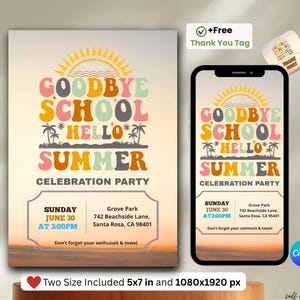 Goodbye School’s Out, Editable End of School Party Invitation, Goodbye School Hello Summer Invitation, Summer Sun Party Evite, Pool Party.