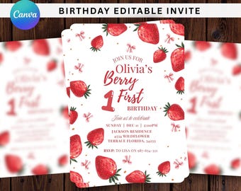Editable Berry First Strawberry Birthday Invitation, Editable 1st Birthday Girl Invite, Berry Sweet Birthday Invitation, Bow First Birthday