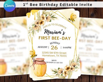 1st Bee Day Invitation, Sweet to Bee One 1st Birthday Invitation, Floral Bee Day Party, Bumble Bee Birthday, Honey Bee First Bee Day Evite