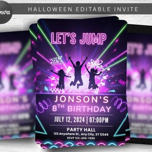 Puede incluir: Una invitación de Halloween con diseño de neón. La invitación presenta el texto "LET'S JUMP" y "JONSON'S 8TH BIRTHDAY" con la fecha y hora. El fondo es una vibrante mezcla de morado, rosa y verde.