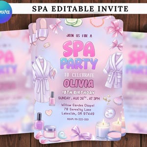 Editable Spa Birthday Invitation, Girls Pamper Party Invite, Glam Spa Day Birthday, Pink Bow Template, Pamper Birthday Glam Party