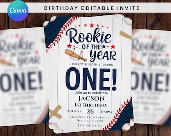 Baseball erster Geburtstagseinladung, Rookie des Jahres erster Geburtstag einladen, kleine Slugger Baseballparty, bearbeitbarer Sportgeburtstag