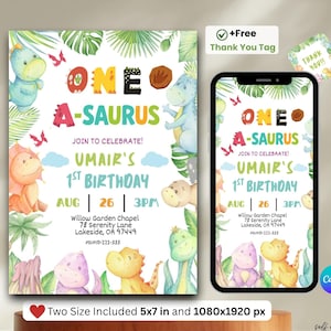 Dinosaur Birthday Party Invitation, Jurassic Dinosaur Party, One-A-Saurus Birthday Invite, Dinosaur Thank You Tag, Dinosaur 1st Birthday.