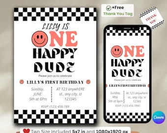 Happy Dude Birthday Invitation, One Happy Dude 1st Birthday Invite, Smiley Face Party,  Smiley Face Template Canva, 1st Birthday Invite