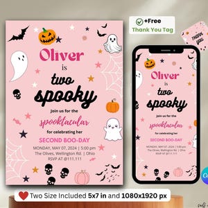 Two Spooky Halloween Ghost 2nd Birthday Party Invitation, 2nd Birthday Spooktacular Invite, EDITABLE Cute Pink Ghost, Halloween Invite.